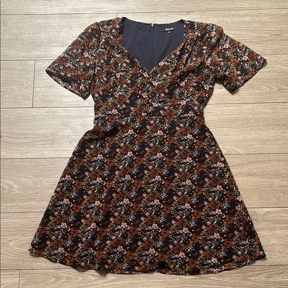 Madewell Navy, Brown, and Orange V-Neck Dress
